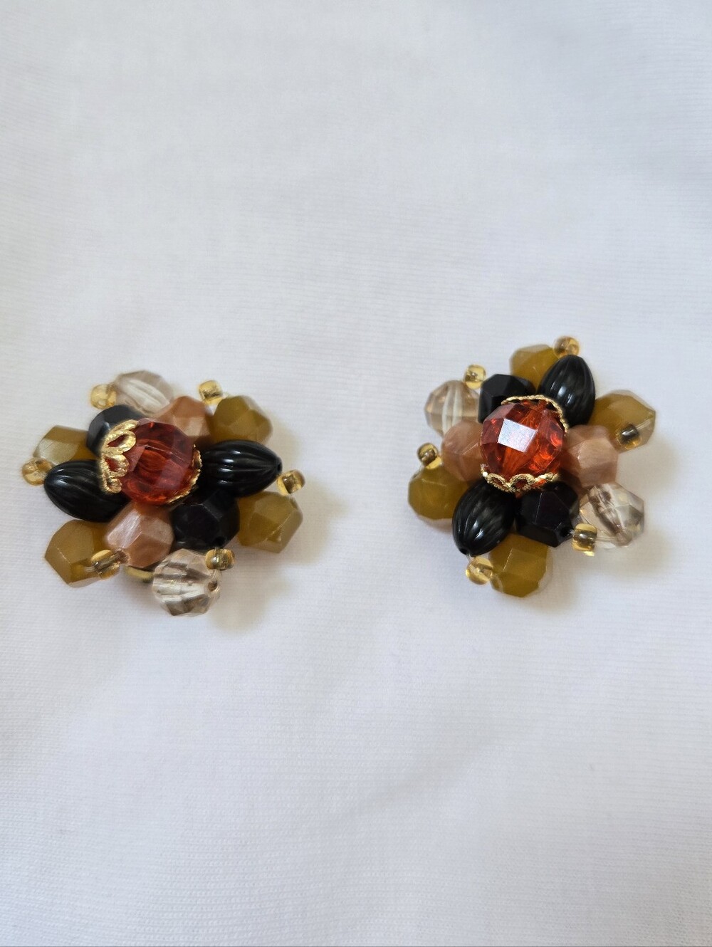 Vintage Maked Germany Multi-Bead Floral Clip-On Earrings in Amber and Black